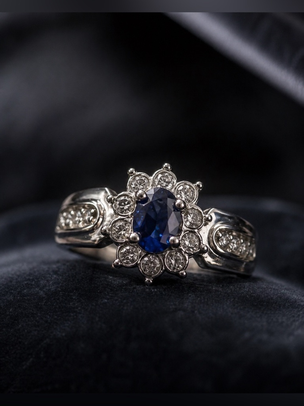💙 Regal Sapphire Blue Halo Ring • Silver Tone • Size 9 • Statement Crown Setting